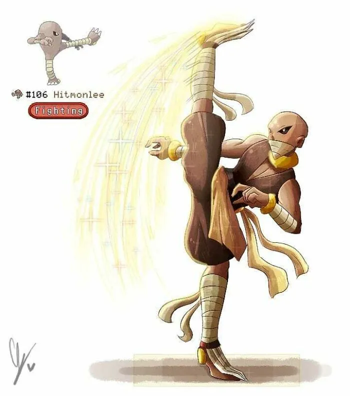 Humanized Hitmonlee art by wheelchair-bound artist, showcasing dynamic pose and vibrant colors.