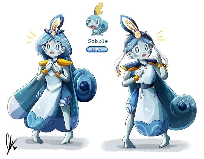 Humanized Sobble character art, depicted as an anime-style figure with blue and white clothing, inspired by Pokémon.