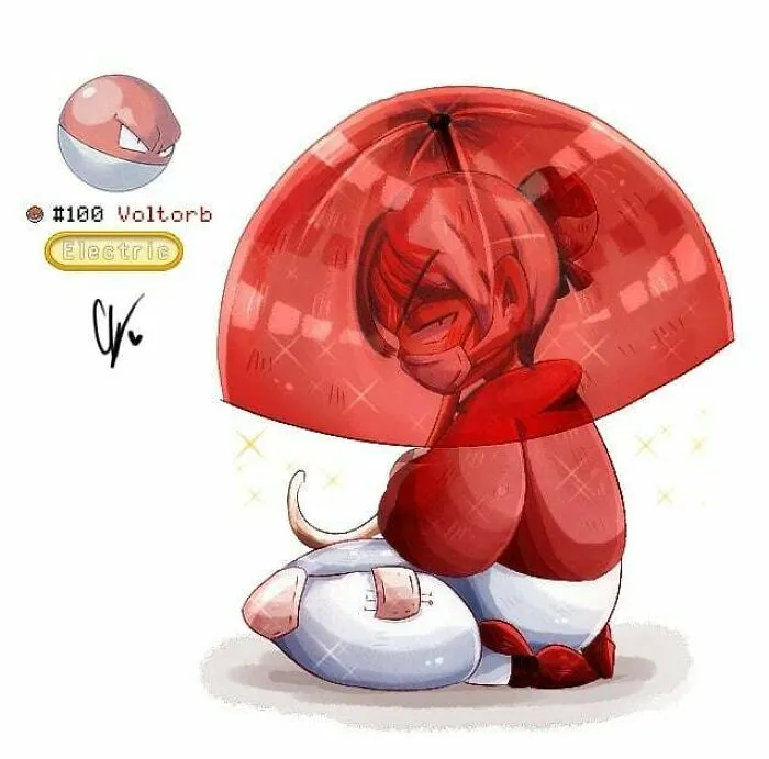Wheelchair-bound artist's humanized Voltorb drawing, featuring a figure under a red umbrella in an anime style.