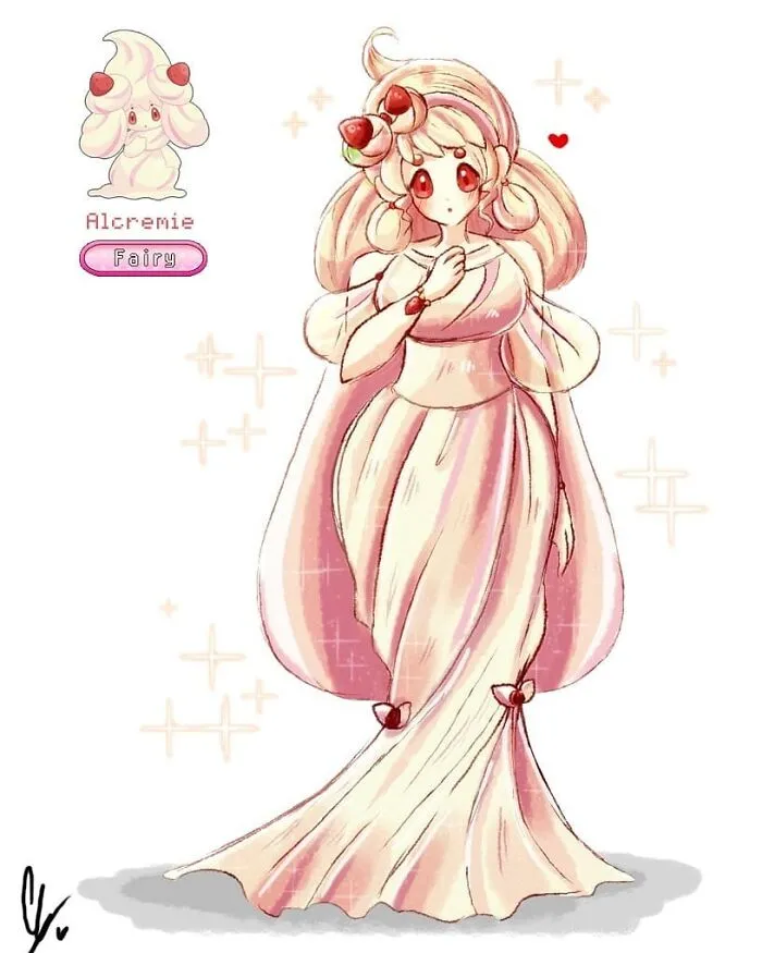 Humanized Alcremie illustration in creamy hues with strawberry accents, showcasing wheelchair-bound artist's unique Pokémon art.