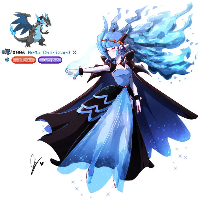 A wheelchair-bound artist's humanized Mega Charizard X, in a flowing blue and black dress.