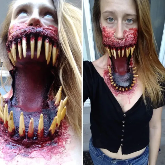 Splitscreen showing scary makeup of a monster with giant fangs for Halloween costumes
