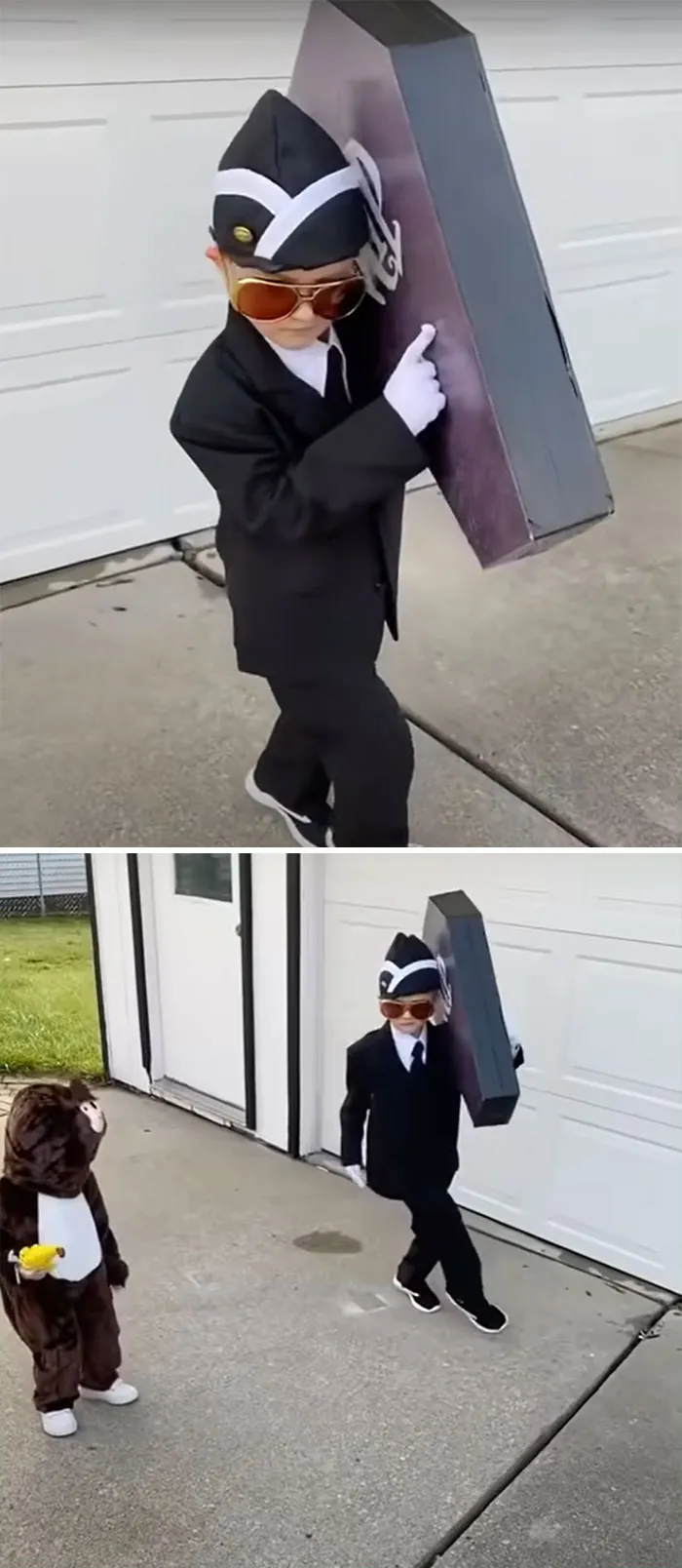 A boy dressed up in a meme-themed coffin dance Halloween costume carrying a miniature coffin.