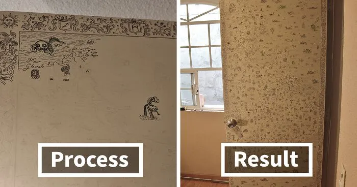 Quarantine Project: I Spent 3 Months Drawing A Mythological Medieval World Map On My Door (13 Pics)