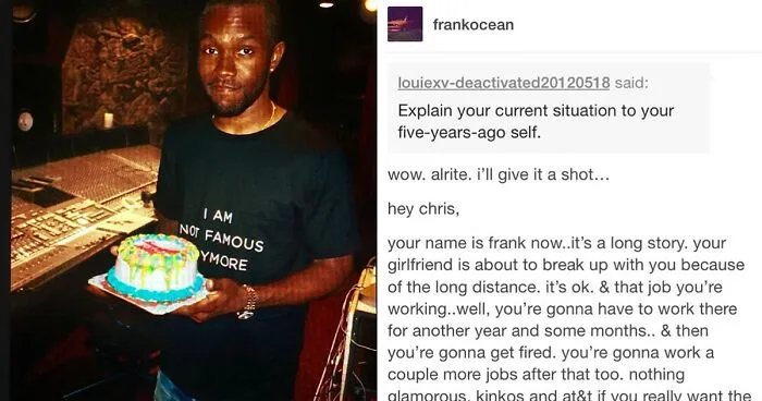 98K People On Twitter Can't Hold Back The Tears After Reading The Wholesome Letter Frank Ocean Wrote To His Younger Self Back In 2011