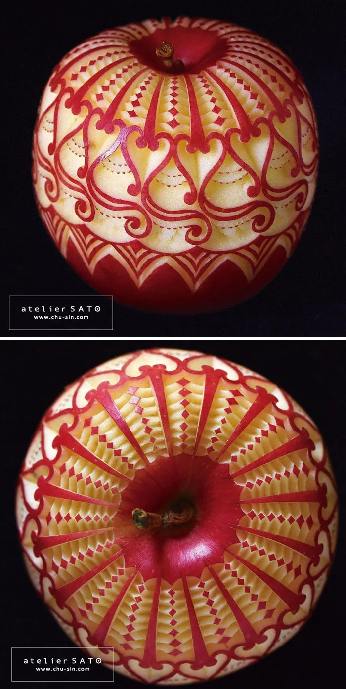 Artist Creates Beautiful Patterns On Fruits And Vegetables By Hand-Carving Intricate Designs