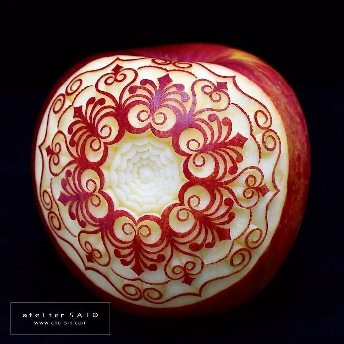 Artist Creates Beautiful Patterns On Fruits And Vegetables By Hand-Carving Intricate Designs