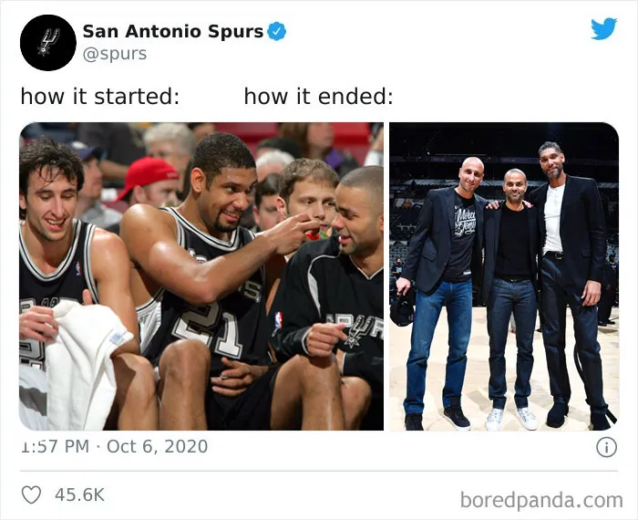 San Antonio Spurs players in a 'how it started vs. how it's going' meme, showing their growth over time.