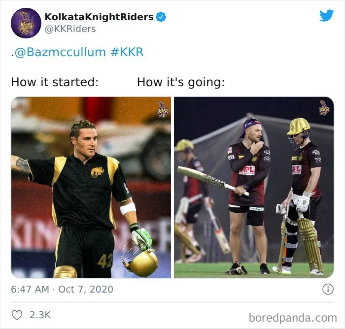 Cricketer's evolution: on the left in uniform holding a helmet; on the right in practice gear on the field.