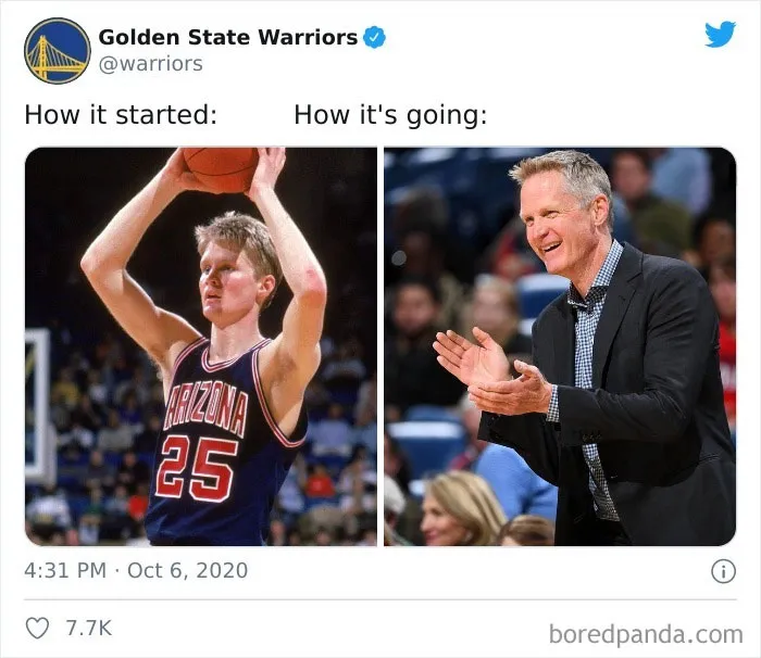 "How it started vs. how it's going: Basketball player in uniform, then clapping and smiling in a suit."