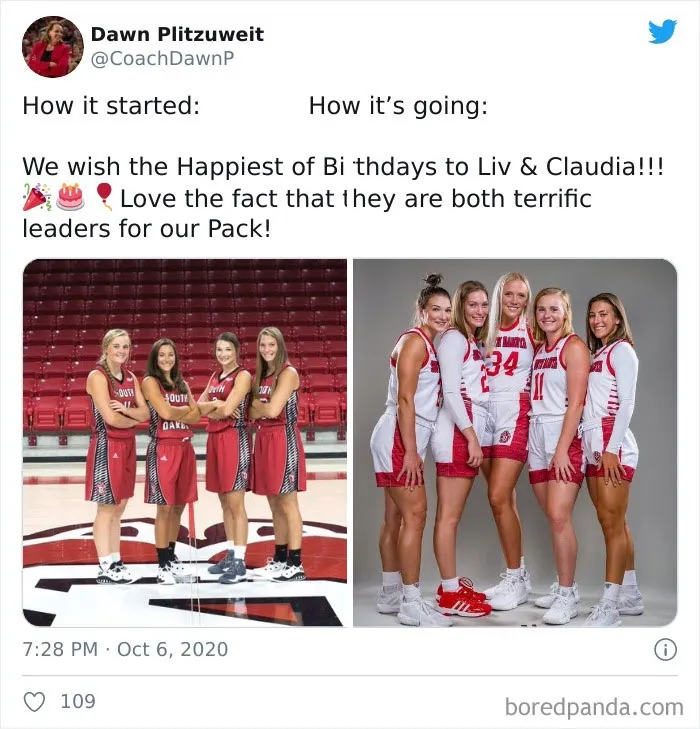Basketball team members posing in 'How It Started vs. How It's Going' format, showing growth and leadership.