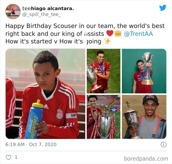 Young athlete with sports bottle, progressing to winning trophies in 'How It Started vs. How It's Going' journey.