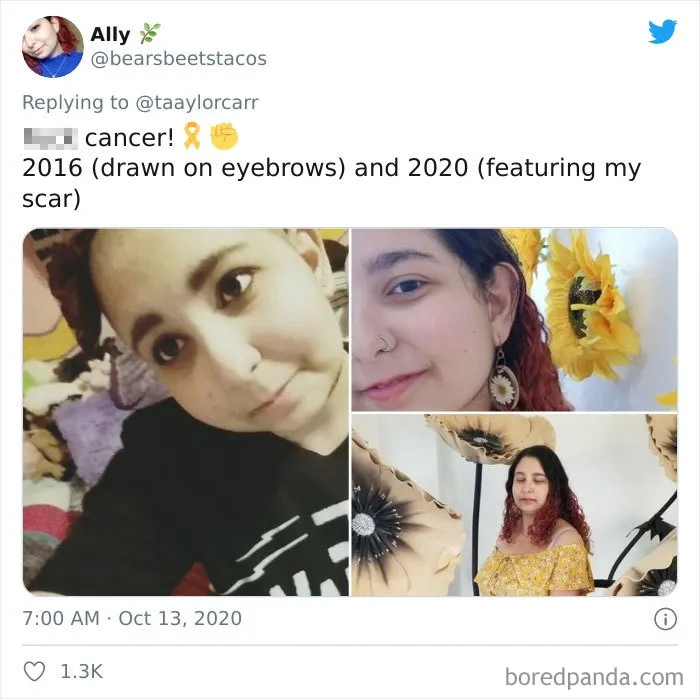 Before and after photos of a young woman sharing her cancer story in the how it started vs how it's going challenge.