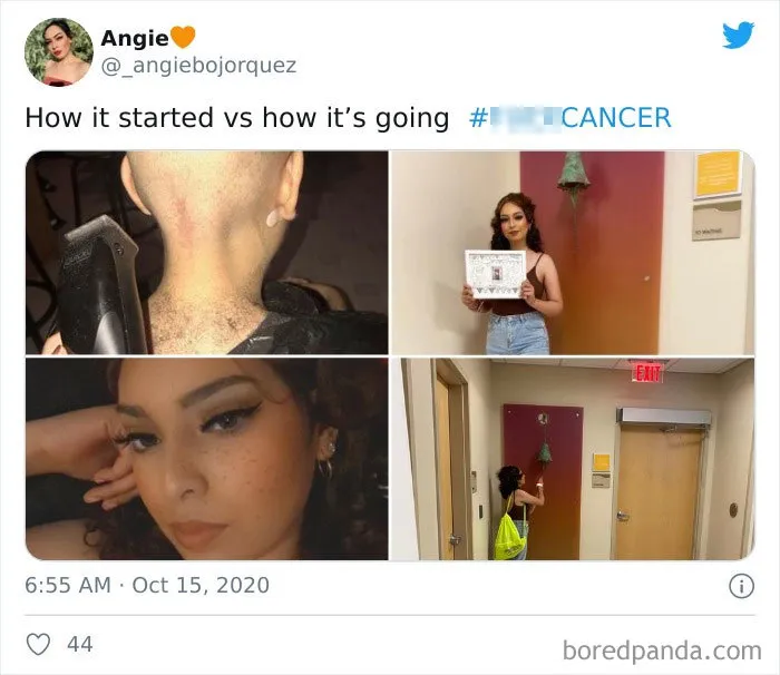 Woman sharing her cancer journey with before and after photos, celebrating recovery and hope in a wholesome challenge post.