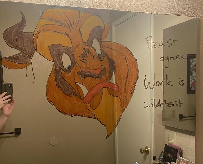 Woman Shares A Collection Of Her Husband's Doodles On Her Bathroom Mirror (17 Pics)