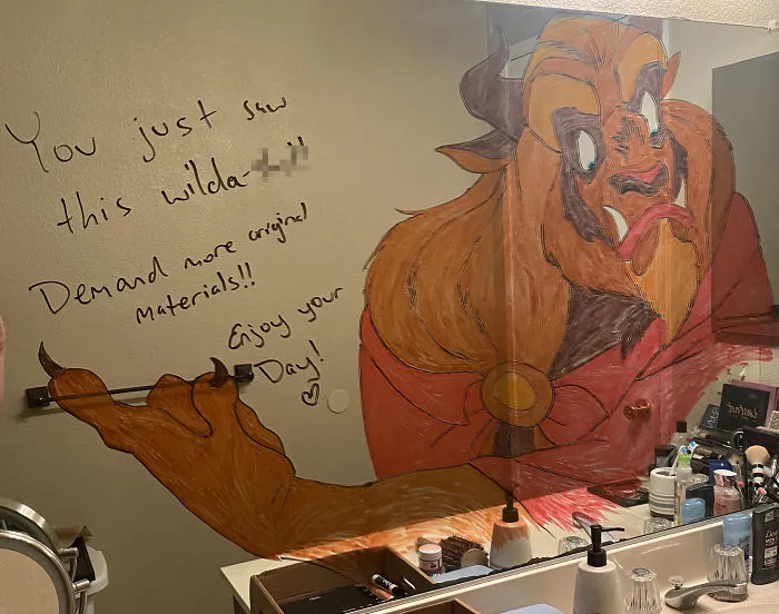 Woman Shares A Collection Of Her Husband's Doodles On Her Bathroom Mirror (17 Pics)