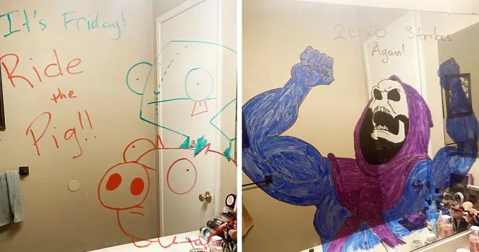 Woman Shares A Collection Of Her Husband's Doodles On Her Bathroom Mirror (17 Pics)