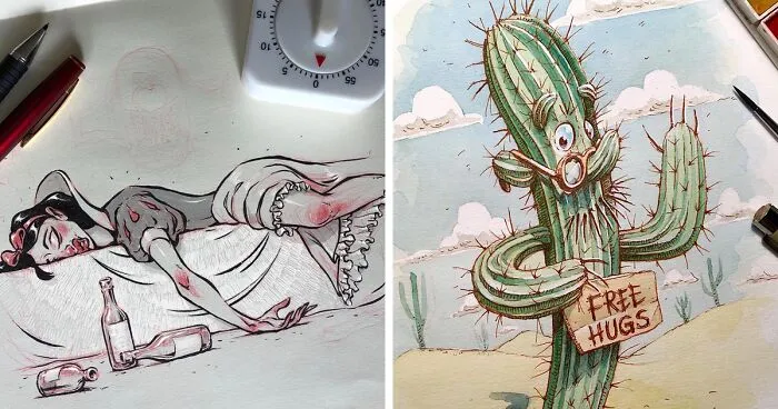 Las 40 ilustraciones de este artista ruso están llenas de humor negro y personajes inquietantes
