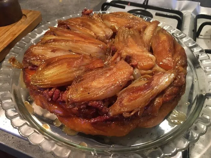 Upside Down Salted Tart (Caramelized Endives, Goat Cheese, Bacon And Roasted Sweet Potatoes)