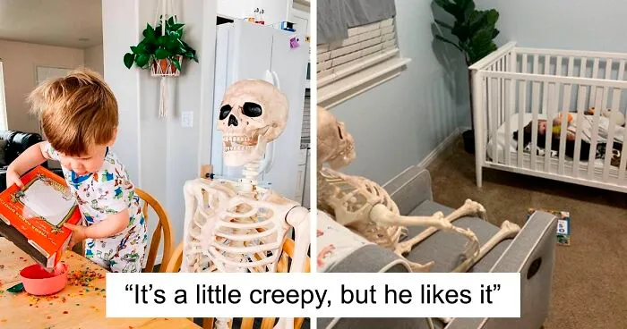 Toddler Befriends A Creepy Skeleton His Parents Got As A Halloween Decoration, Even Has It Watch Over Him As He Sleeps