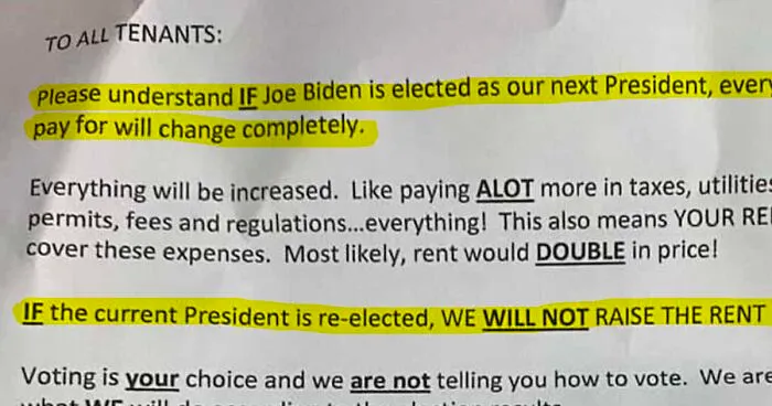 Landlord Makes It Clear That He Will Raise The Rent If Biden Gets Elected