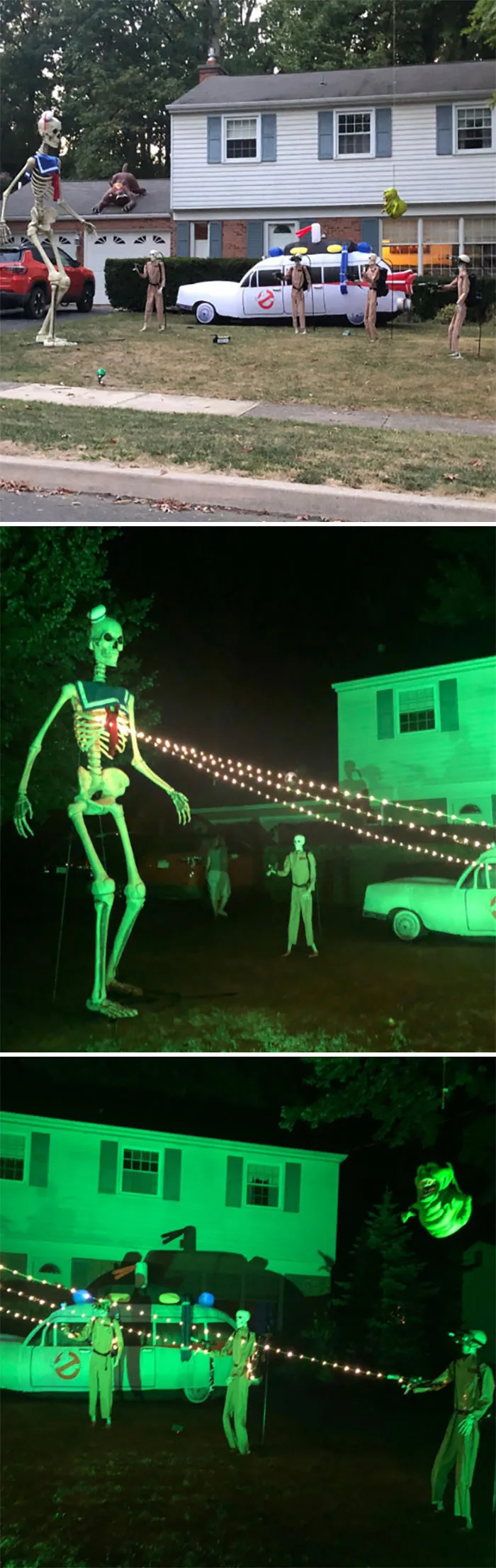 Halloween decorations featuring giant skeletons and Ghostbusters-themed props in a front yard during day and night.