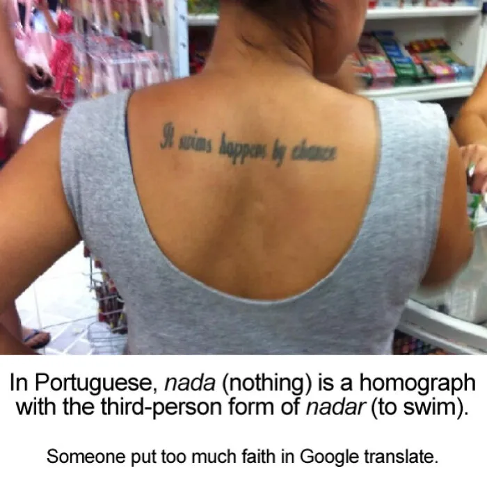 Back tattoo with incorrect foreign language translation in a store setting.