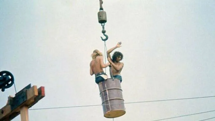 Woodstock 1969 Sound Crew Members Being Craned Up To Their Stations