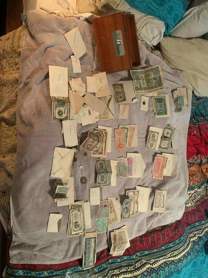 I Run Down An Old Dirt Road. Trash Is Dumped There. One Day I Stopped And Found A Box Of Money. All The Envelopes Are Different Countries All Over The World. Mostly Date From The 1700s-1900s. The Oldest Is A Coin From 1621. I’ve Got Some From Countries That No Longer Exist. I’m Still Researching