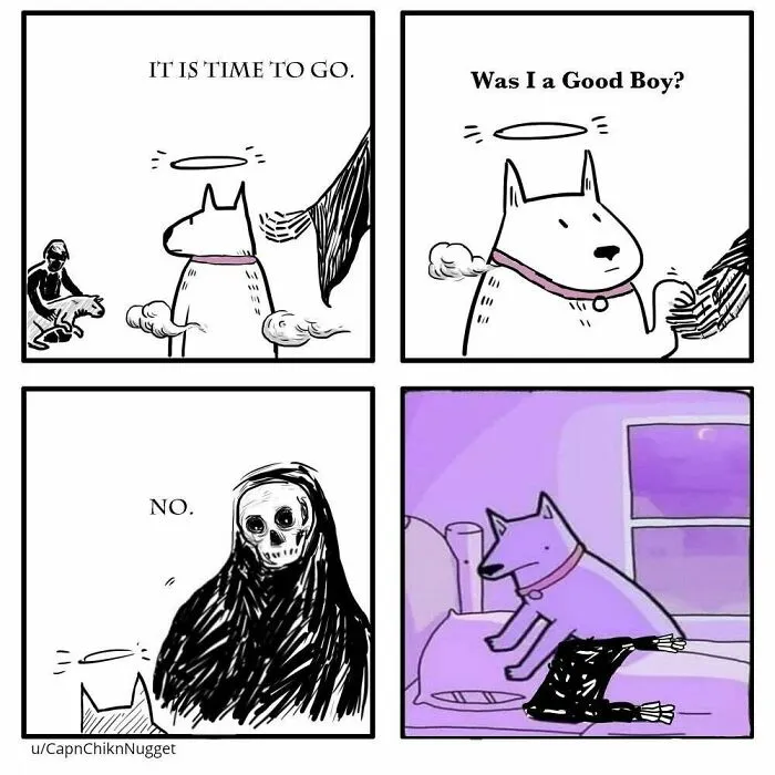 Comic panels showing a funny dog meme with a dog and the Grim Reaper, fitting the funniest dog memes keyword.