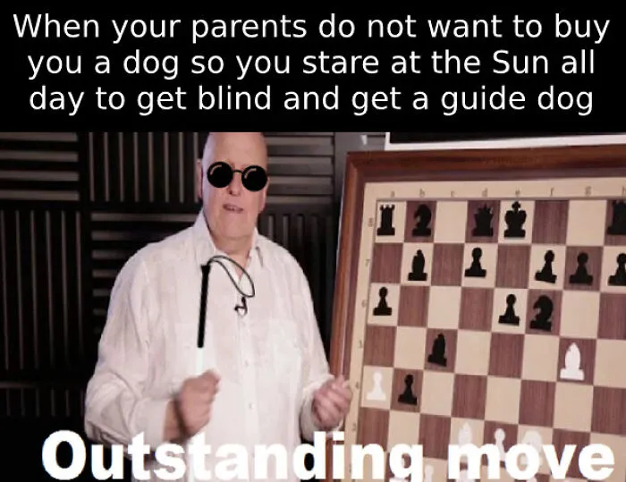 Man wearing dark round glasses with a cane standing next to a chessboard in a funny dog memes image.