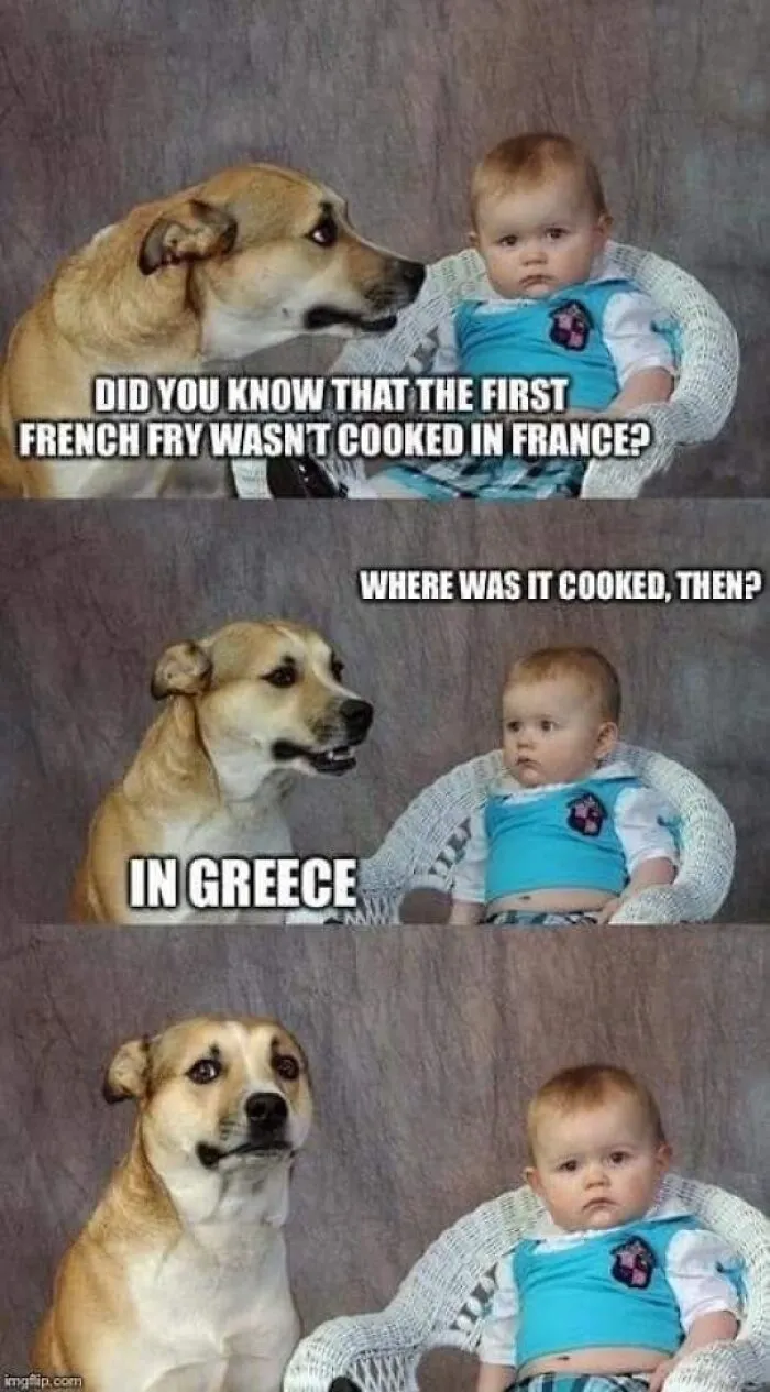 Dog and baby sharing a funny moment in a meme about the origin of french fries, a top dog memes example.