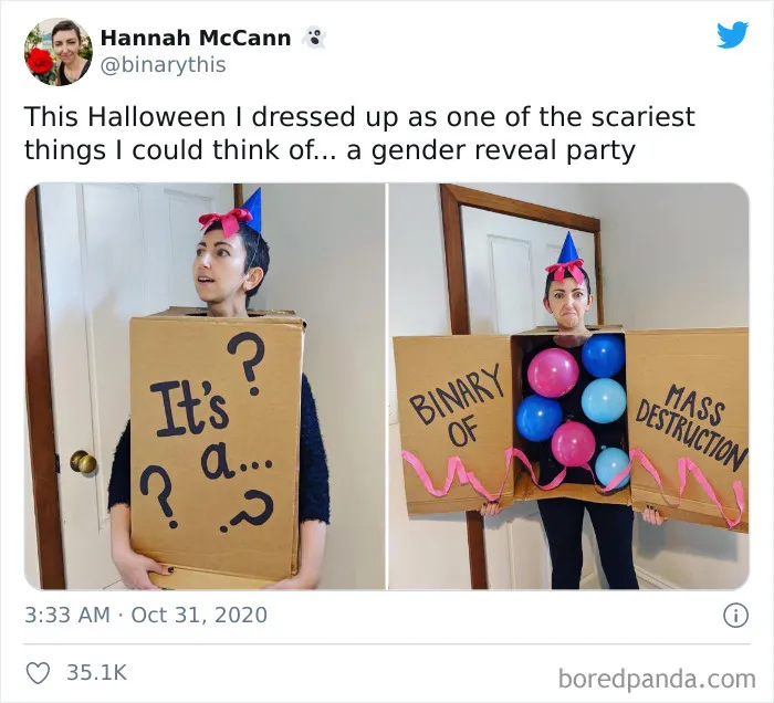 A woman wearing a satirical gender reveal box as a clever Halloween costume