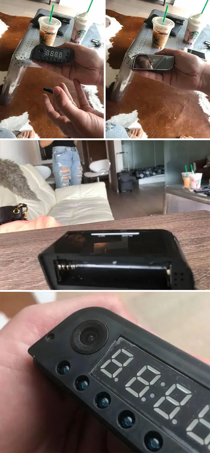 Cámara oculta dentro de un reloj despertador en su apartamento de alquiler