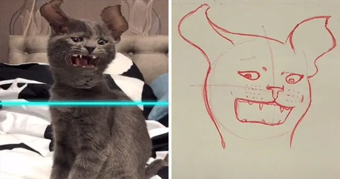 17 Funny Illustrations Of Cats And Dogs After They Were Captured With The Time Warp Scan Filter, Drawn By An Artist On TikTok