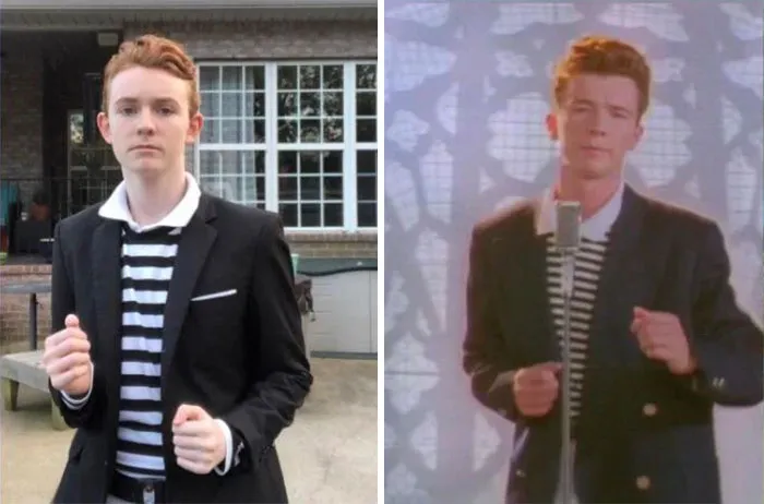 A teen dressed as Rick Astley, showcasing creative Halloween costumes