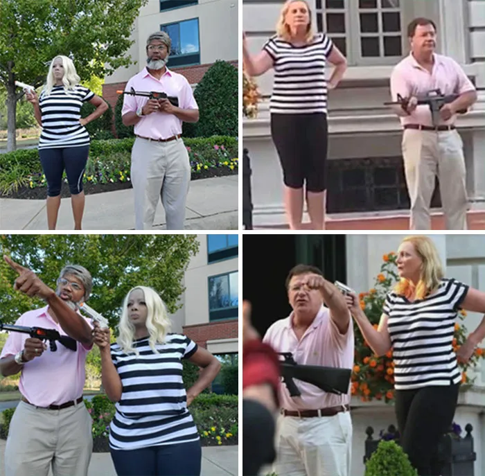 A side-by-side comparison of a couple recreating a viral gun-toting couple Halloween costume