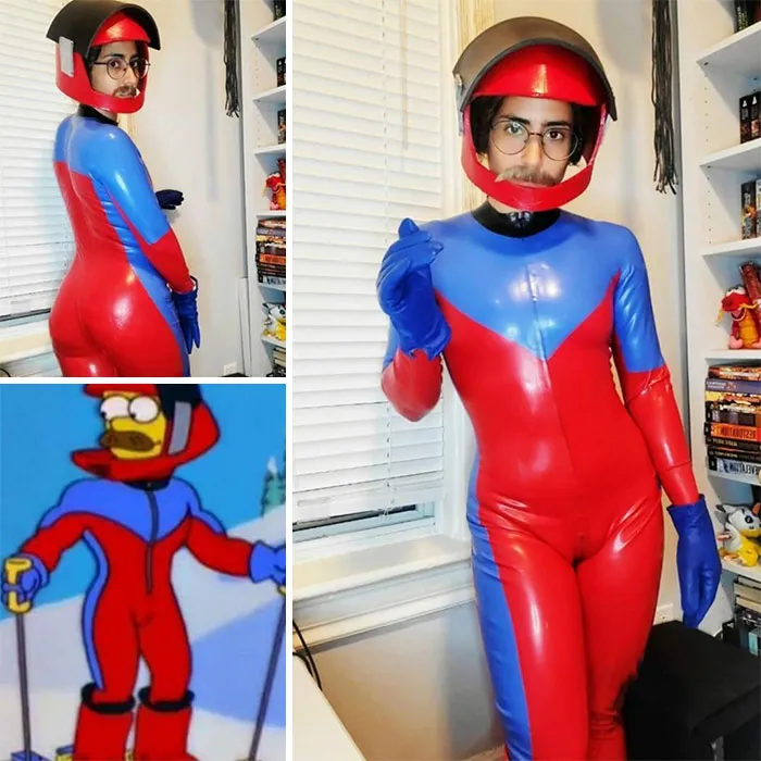A person dressed as Stupid Sexy Flanders in a skin-tight ski suit for a creative Halloween costume