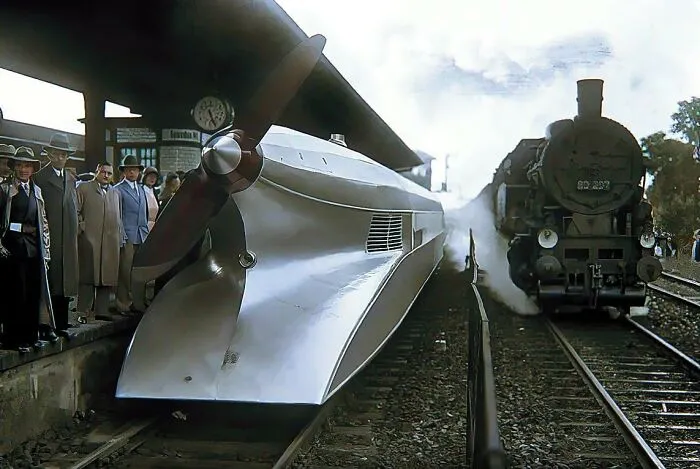 A Rail Zeppelin And A Steam Train Near The Railway Platform. Berlin, Germany, 1931