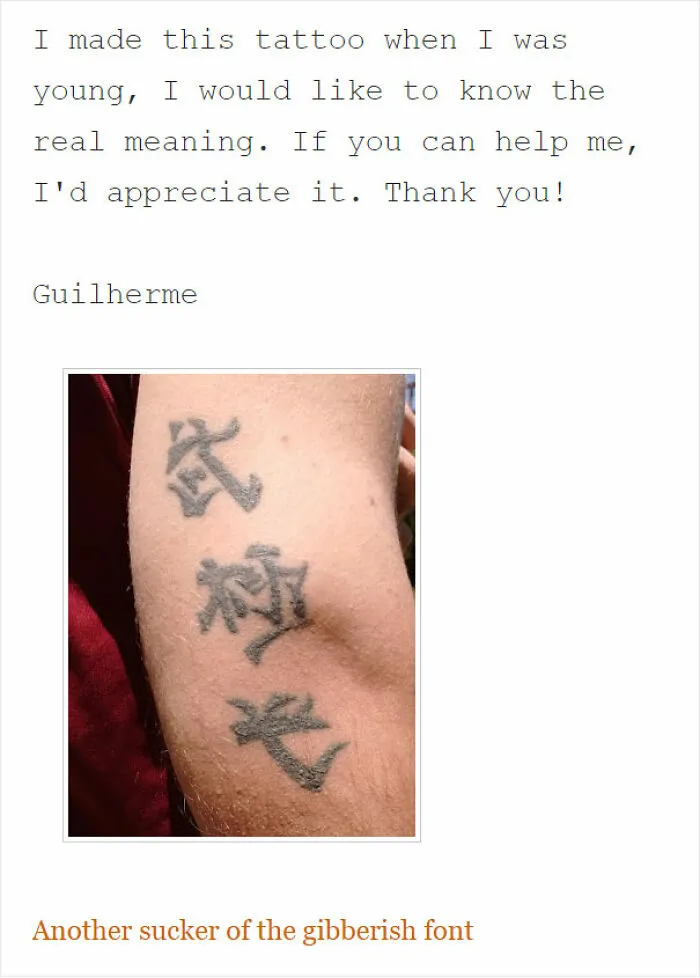 Tattoo with foreign characters on a person's arm, humorously cited as a gibberish font.