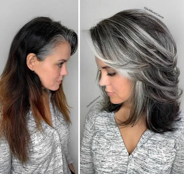 En vez de cubrir las raíces de las canas, este peluquero hace que sus clientas las adoren con sus increíbles transformaciones (30 fotos nuevas)
