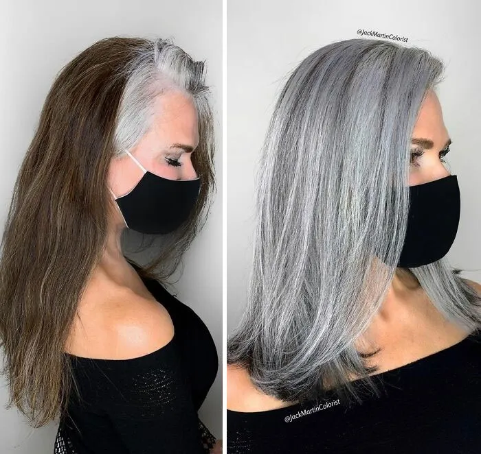 En vez de cubrir las raíces de las canas, este peluquero hace que sus clientas las adoren con sus increíbles transformaciones (30 fotos nuevas)