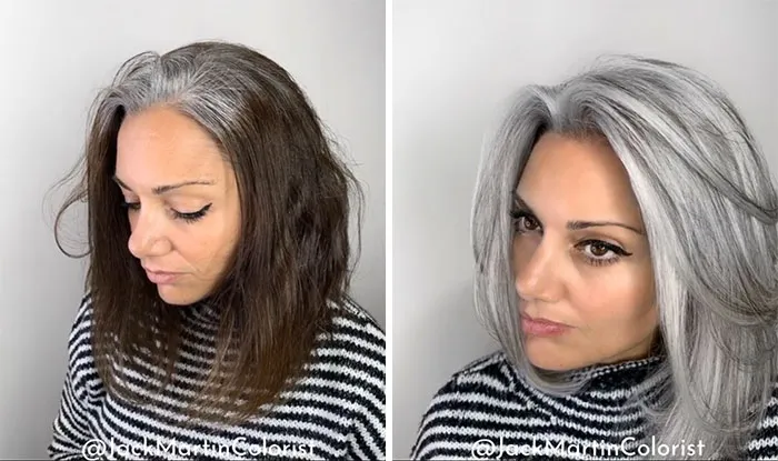 En vez de cubrir las raíces de las canas, este peluquero hace que sus clientas las adoren con sus increíbles transformaciones (30 fotos nuevas)