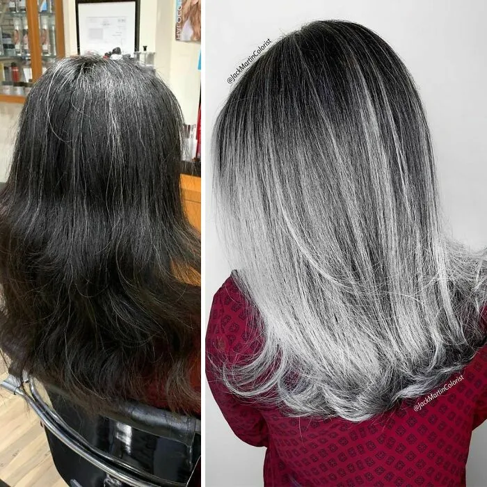 En vez de cubrir las raíces de las canas, este peluquero hace que sus clientas las adoren con sus increíbles transformaciones (30 fotos nuevas)