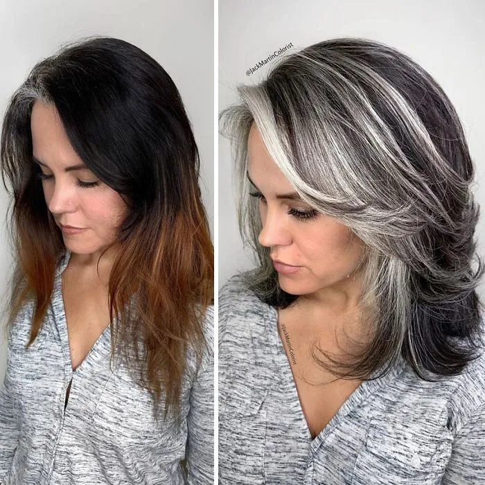 En vez de cubrir las raíces de las canas, este peluquero hace que sus clientas las adoren con sus increíbles transformaciones (30 fotos nuevas)