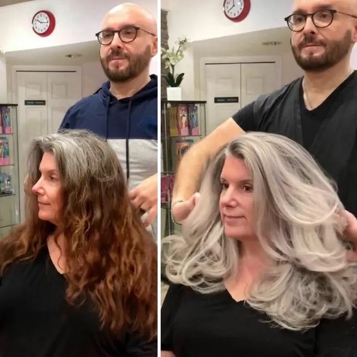 En vez de cubrir las raíces de las canas, este peluquero hace que sus clientas las adoren con sus increíbles transformaciones (30 fotos nuevas)