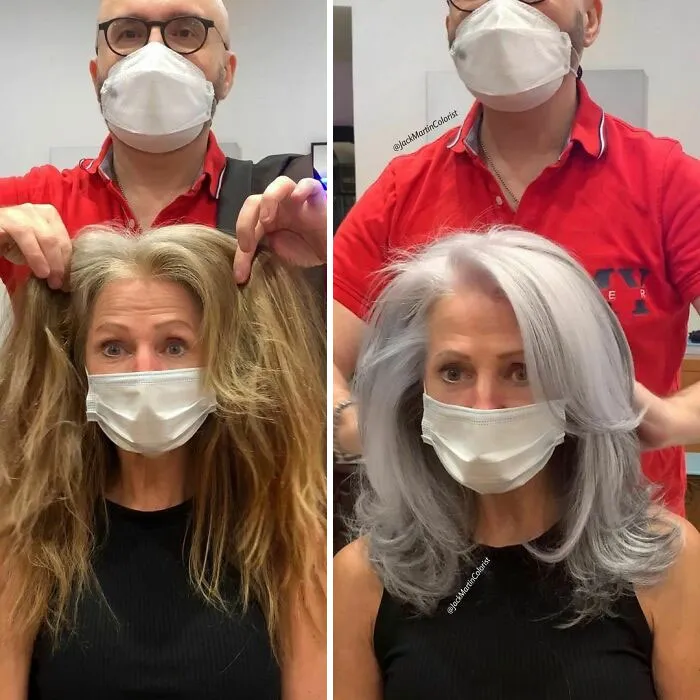 Instead Of Covering Grey Roots, This Hair Colorist Makes Clients Embrace It