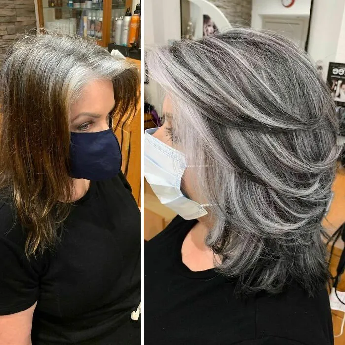 En vez de cubrir las raíces de las canas, este peluquero hace que sus clientas las adoren con sus increíbles transformaciones (30 fotos nuevas)
