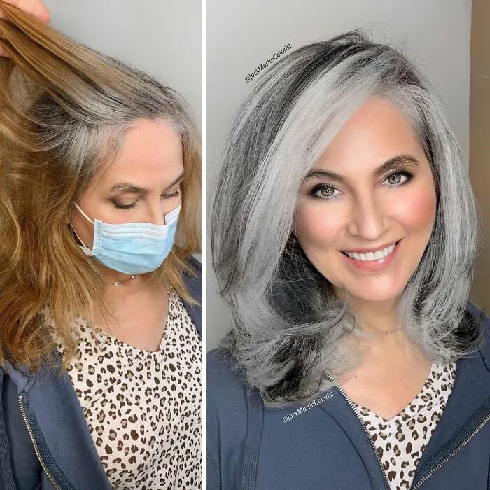 En vez de cubrir las raíces de las canas, este peluquero hace que sus clientas las adoren con sus increíbles transformaciones (30 fotos nuevas)