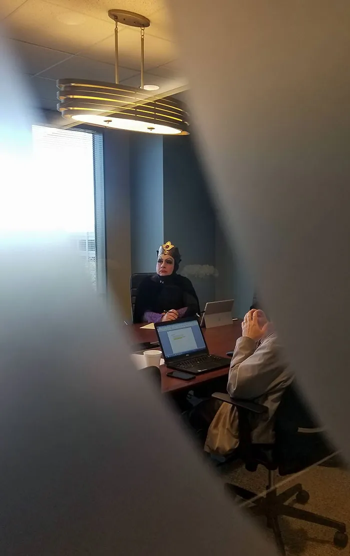 My VP Of Purchasing Sitting In A Meeting Right Now Listening Intently To Our President. He's The Only Person In Costume